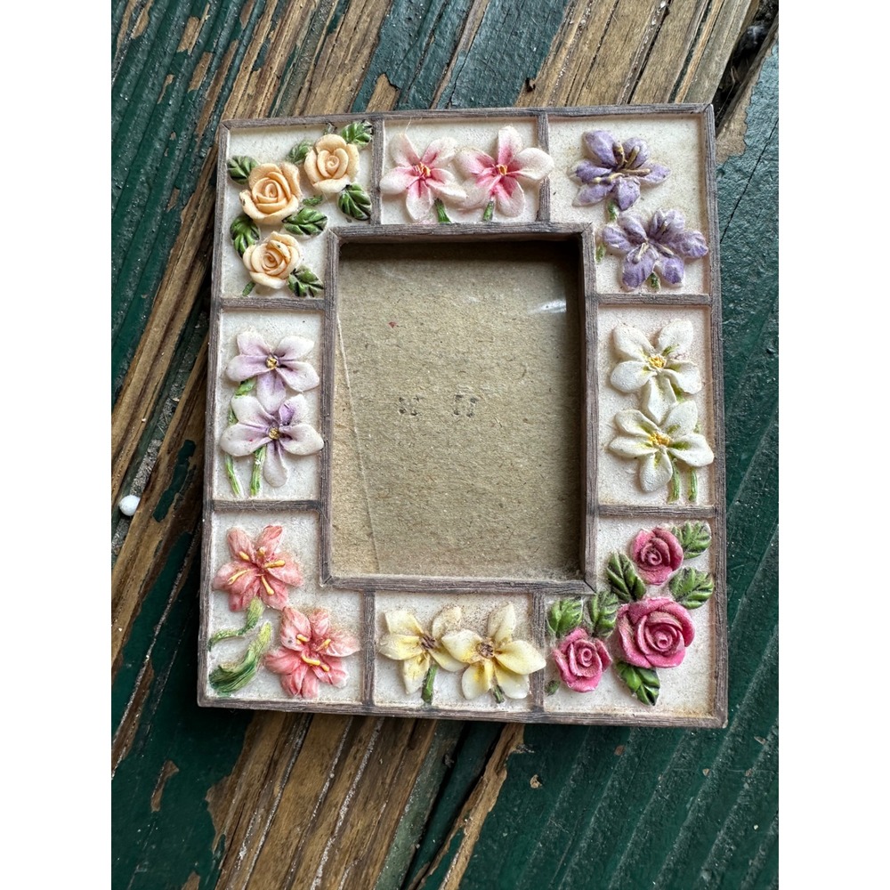 Vintage Floral 3D Relief Miniature Picture Frame Pastel Roses Lilies 4x3.25
